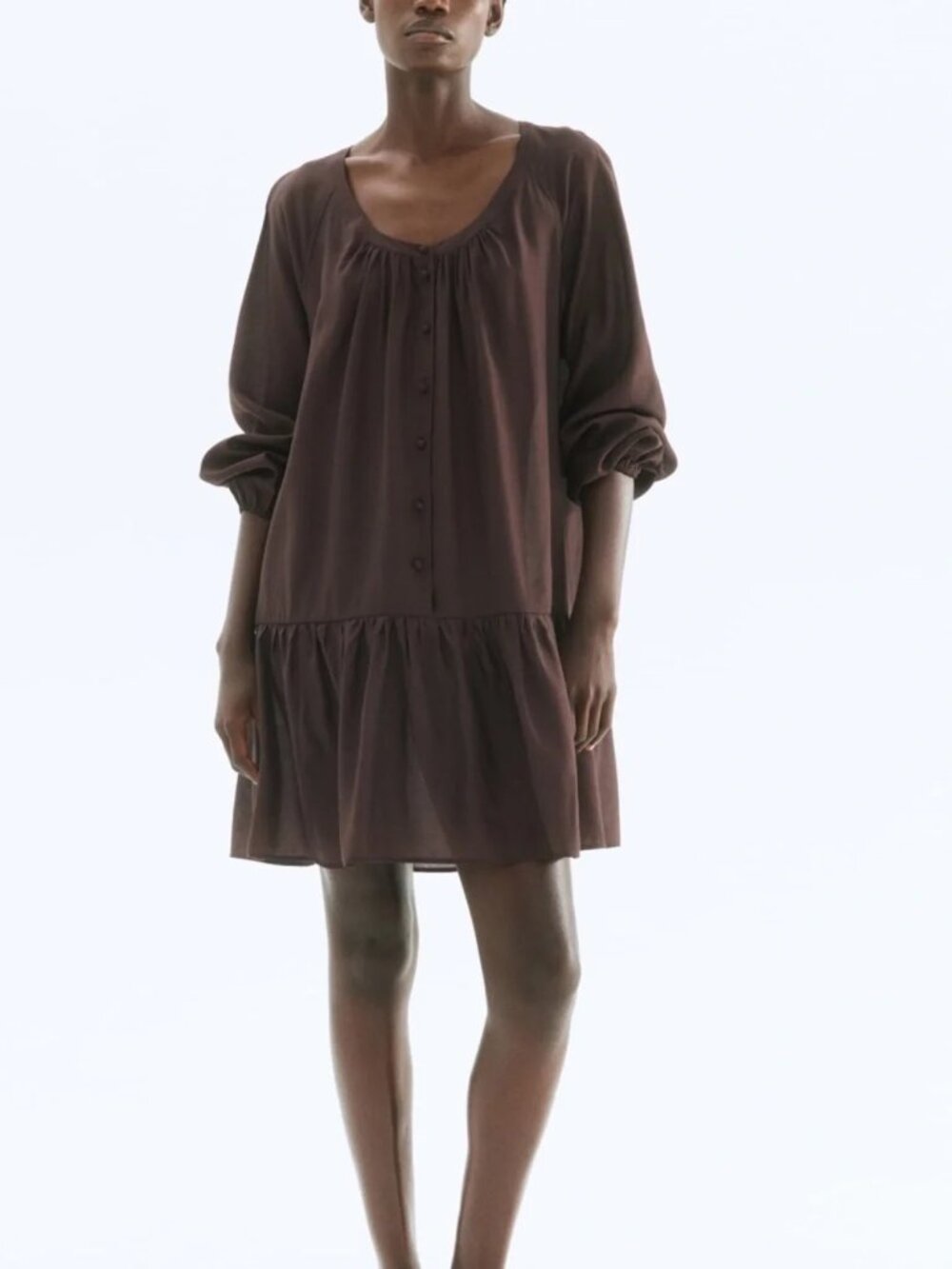 NWT BUTTON-FRONT TUNIC DRESS - Brown Size S